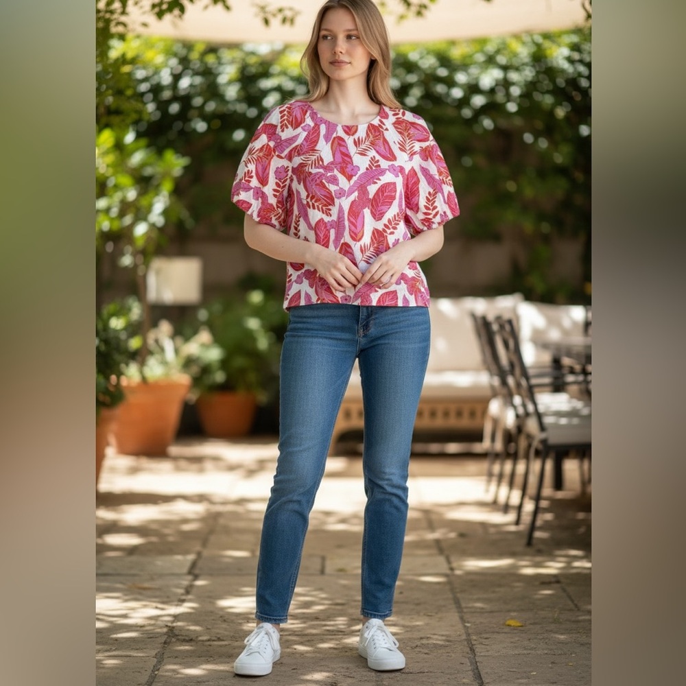 MELLODAY Pink and Red Leaf Print Short Sleeve Linen Blouse Size M